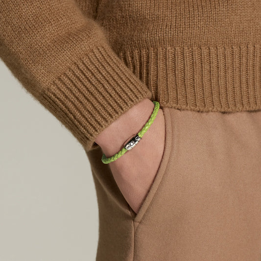 Montblanc bracciale in acciaio a 3 anelli e pelle Meisterstück Lime misura S 13429260