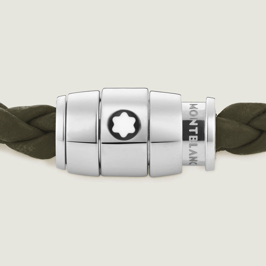 Montblanc bracciale in acciaio a 3 anelli e pelle Meisterstück Kaki misura L 13600568
