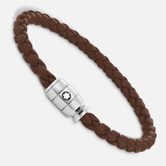 Montblanc bracciale in acciaio a 3 anelli e pelle Meisterstück Marrone Fulvo misura S 13600060