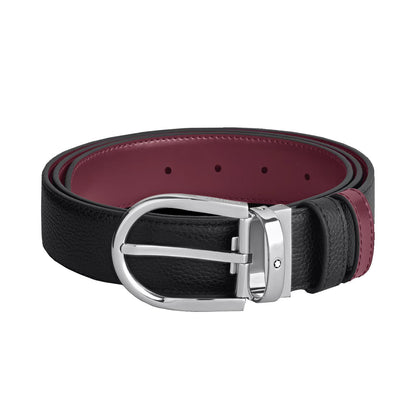 Montblanc cintura reversibile 35 mm pelle nera grana/cassis con fibbia a ferro di cavallo 199665