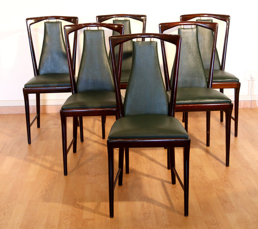 6-teiliges Set aus Mid-Century Stühlen von Osvaldo Borsani, Atelier Borsani Varedo, Mahagoni, Palisander, Leder und Messing, Italien, 1950er Jahre
