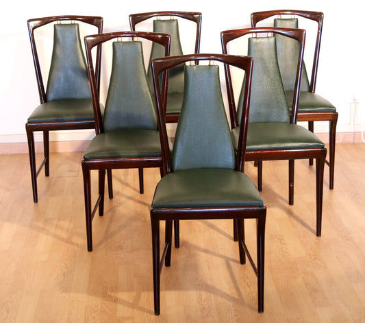 6-teiliges Set aus Mid-Century Stühlen von Osvaldo Borsani, Atelier Borsani Varedo, Mahagoni, Palisander, Leder und Messing, Italien, 1950er Jahre