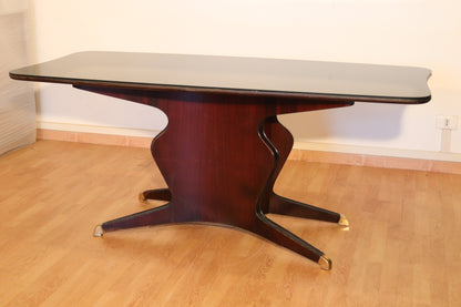 Tavolo da pranzo Osvaldo Borsani per Fratelli Turri — palissandro e vetro opalino nero, Italia, anni '50