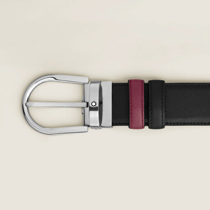 Montblanc cintura reversibile 35 mm pelle nera/cassis con fibbia a ferro di cavallo 199638