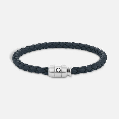 Montblanc bracciale in pelle blu avio intrecciata con chiusura acciaio pregiato lucido impreziosito con stella