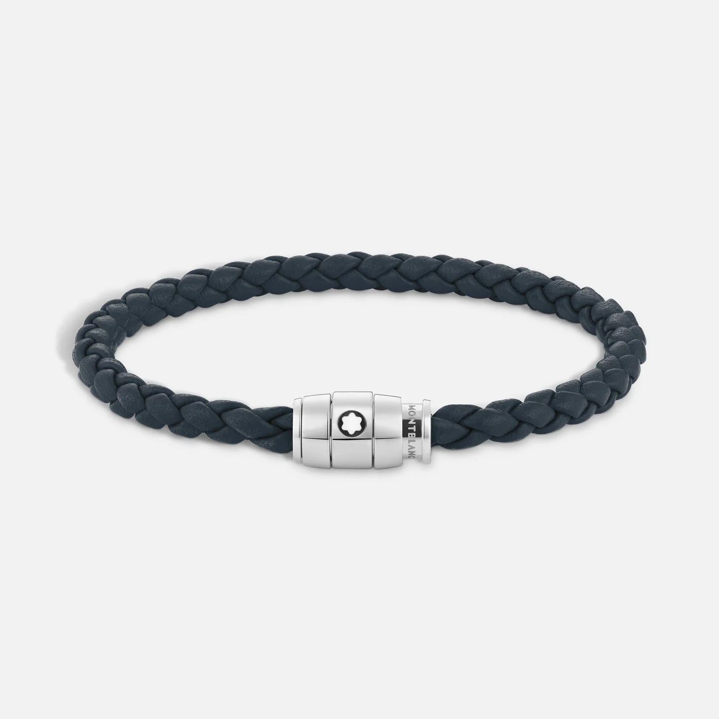 Montblanc bracciale con tre anelli in pelle blu avio e acciaio pregiato lucido impreziosito con emblem star