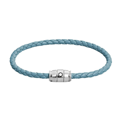 Bracciale montblanc in pelle meisterstück blu fumè intrecciata con chiusura magnetica argento con logo montblanc