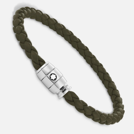 Montblanc bracciale kaki in pelle intrecciata con chiusura magnetica acciaio pregiato lucido impreziosito dal logo