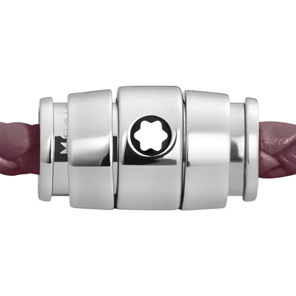 Montblanc bracciale in pelle meisterstück cassis con chiusura in acciaio argento e tre anelli intrecciati bordeaux