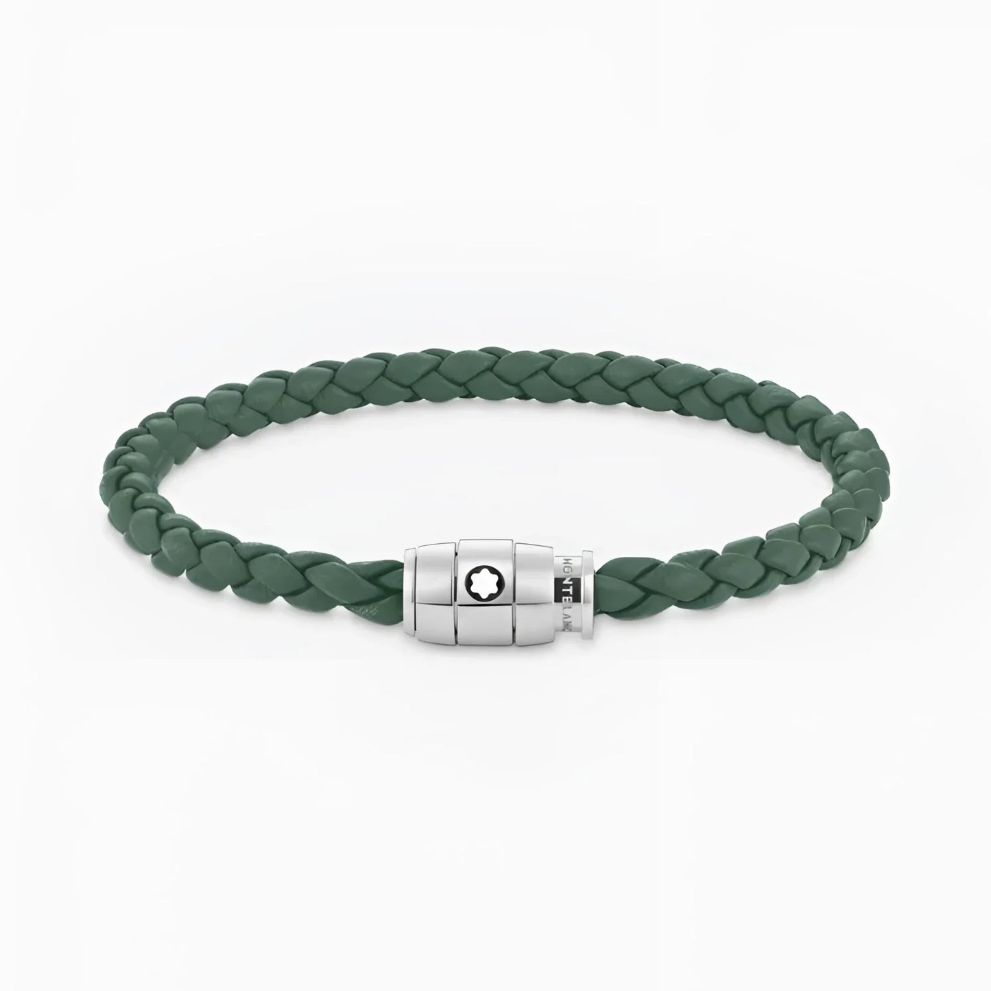 Bracciale montblanc unisce l’eleganza con pelle peltro intrecciata verde scuro e chiusura magnetica in acciaio silver