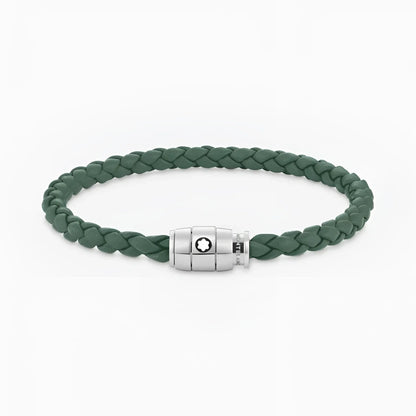 Bracciale montblanc unisce l’eleganza con pelle peltro intrecciata verde scuro e chiusura magnetica in acciaio silver