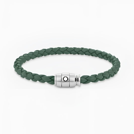 Bracciale montblanc unisce l’eleganza con pelle peltro intrecciata verde scuro e chiusura magnetica in acciaio silver
