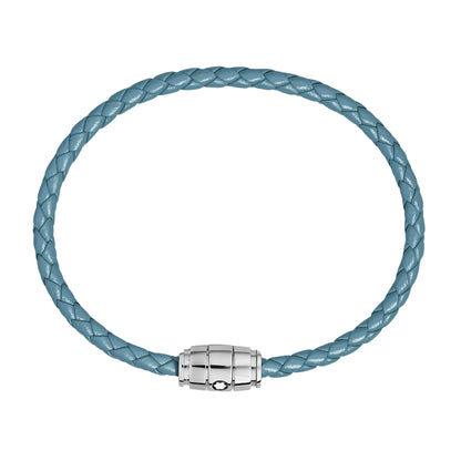 Montblanc bracciale in pelle meisterstück blu fumè con tre anelli intrecciati e chiusura magnetica in acciaio lucido