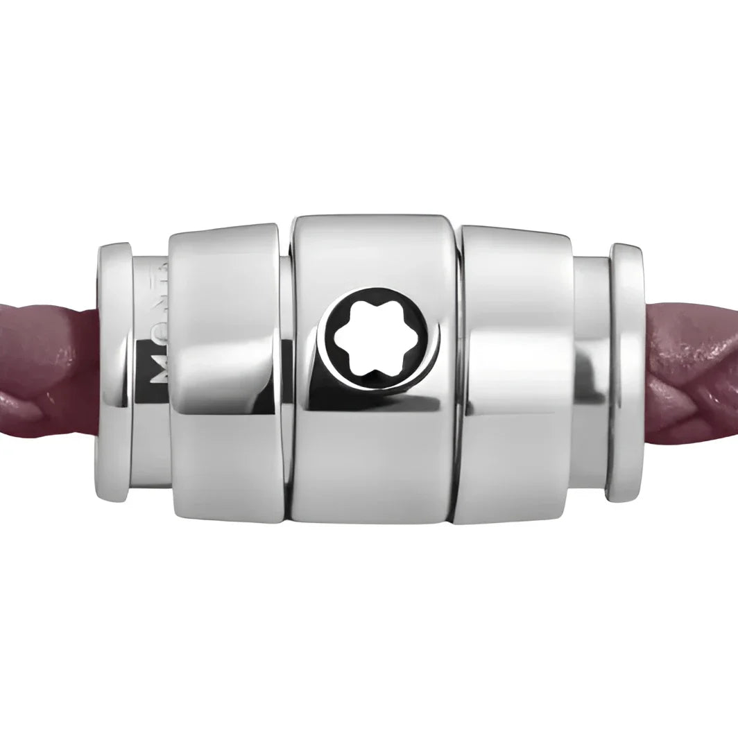 Montblanc bracciale pelle meisterstück cassis misura M con chiusura argento e emblem a stella su pelle intrecciata bordeaux