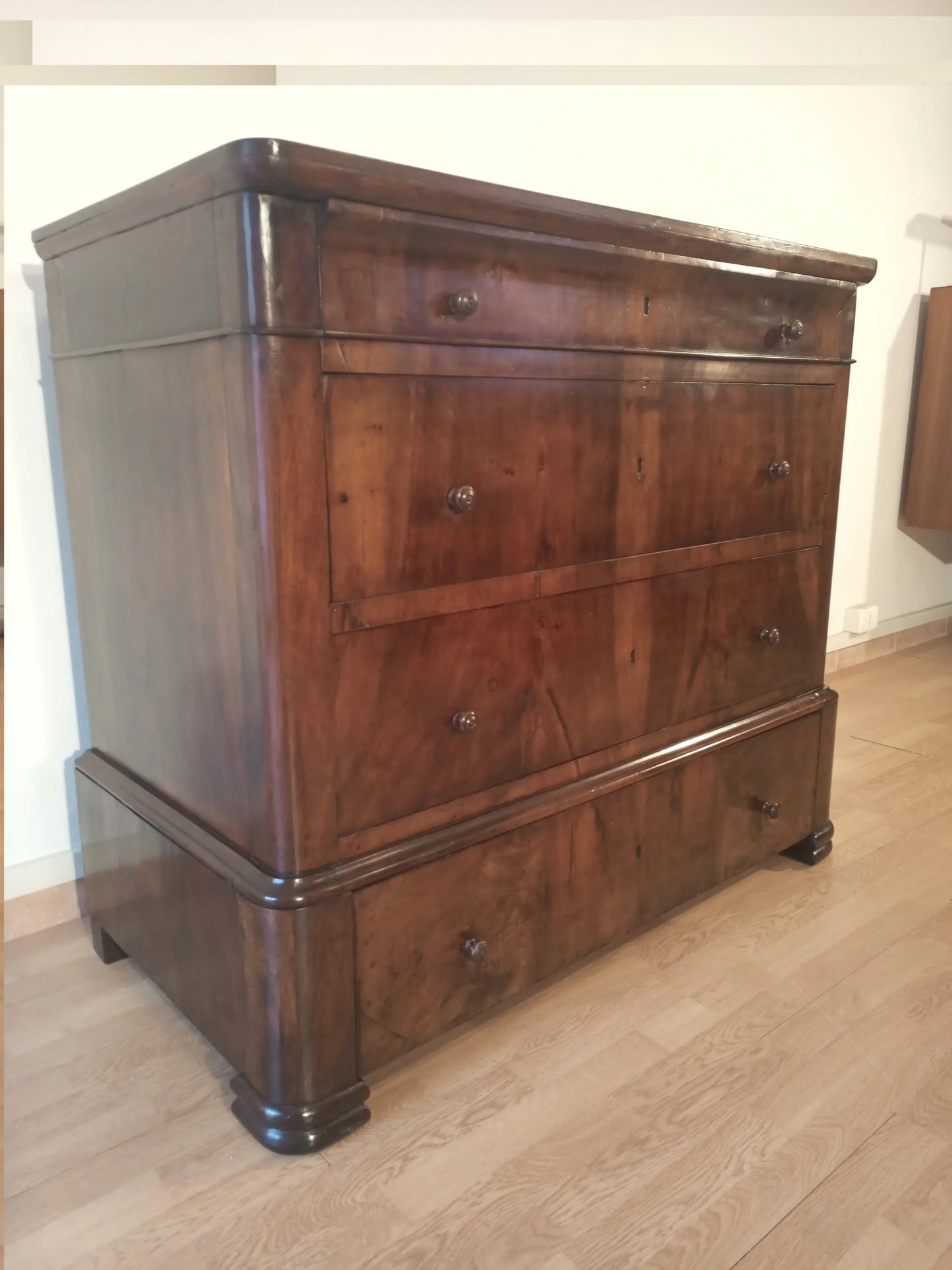 Cassettiera in legno italiana xix secolo con cinque cassetti e gambe arrotondate per ampio spazio contenitivo