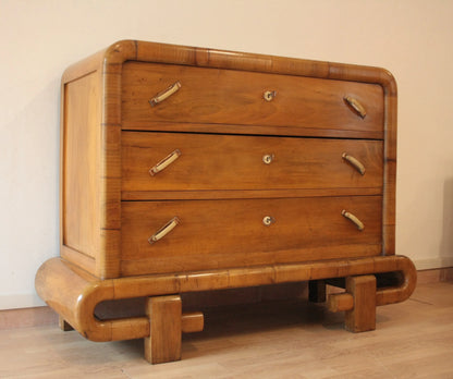 Cassettiera in noce art decò con tre cassetti legno anni cinquanta stile mid century modern italia dario raia antiquariato