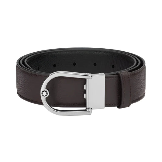 Montblanc cintura 35mm in pregiata pelle granulata ebano con fibbia ferro di cavallo argento e logo montblanc