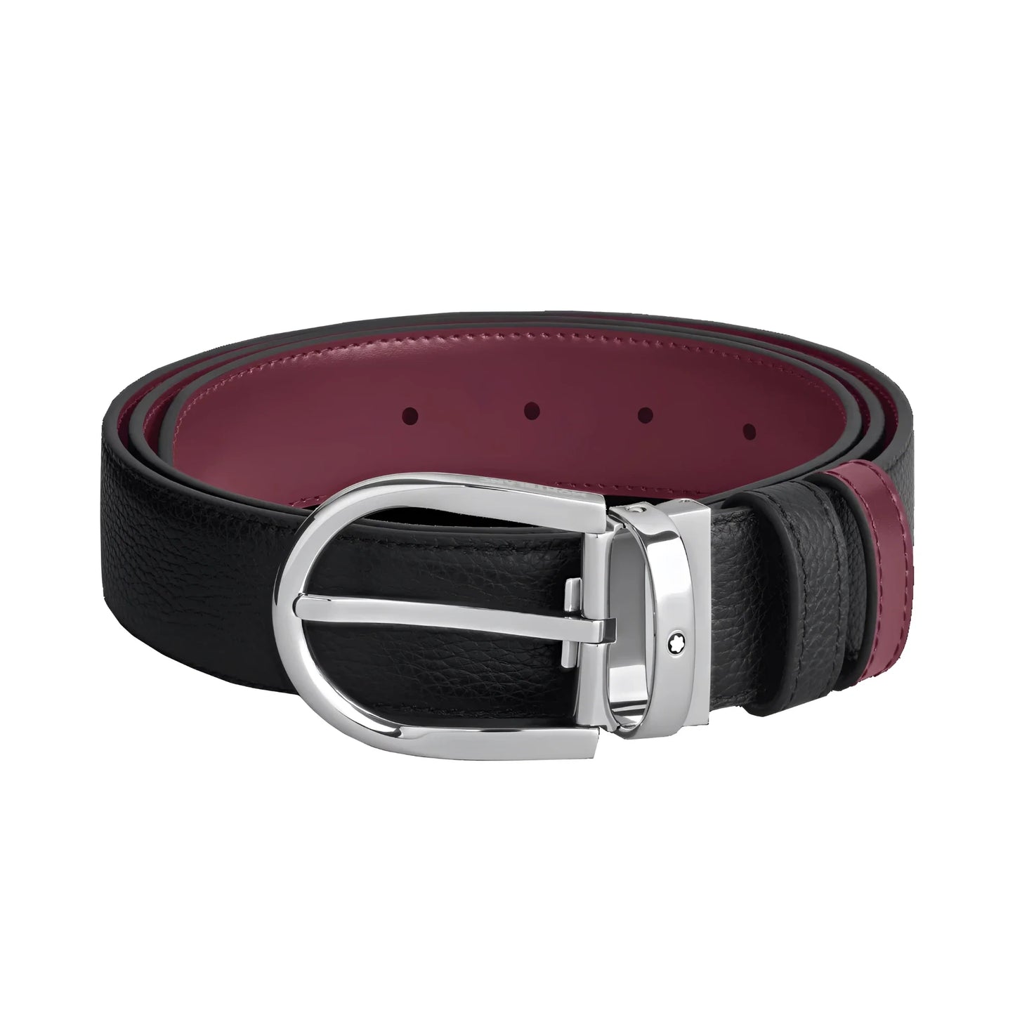 Cintura reversibile montblanc 35 mm in pelle nera granulata con interno cassis e fibbia in argento lucido
