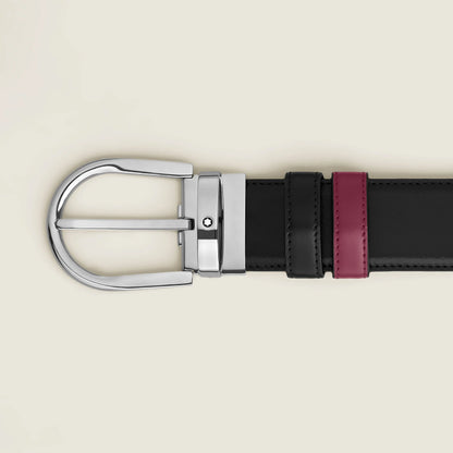 Montblanc cintura reversibile 35 mm in pelle liscia nera con fibbia cavallo finitura palladio e striscia borgogna