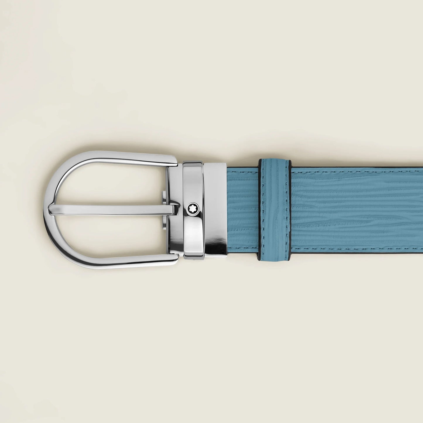Montblanc cintura 35 mm in pelle blu fumé con fibbia a ferro di cavallo argento e logo Montblanc