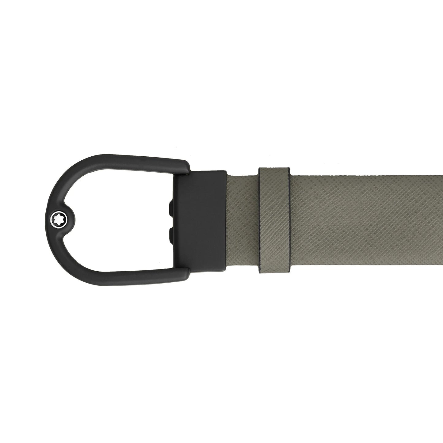 Montblanc elegante cintura tubolare in pelle grigio medio con fibbia nera opaca e stella argento su cinturino verde oliva
