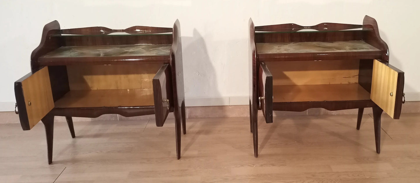 Pair of matching mid-century modern italiano wooden bedside tables with cabinet doors in palissandro design