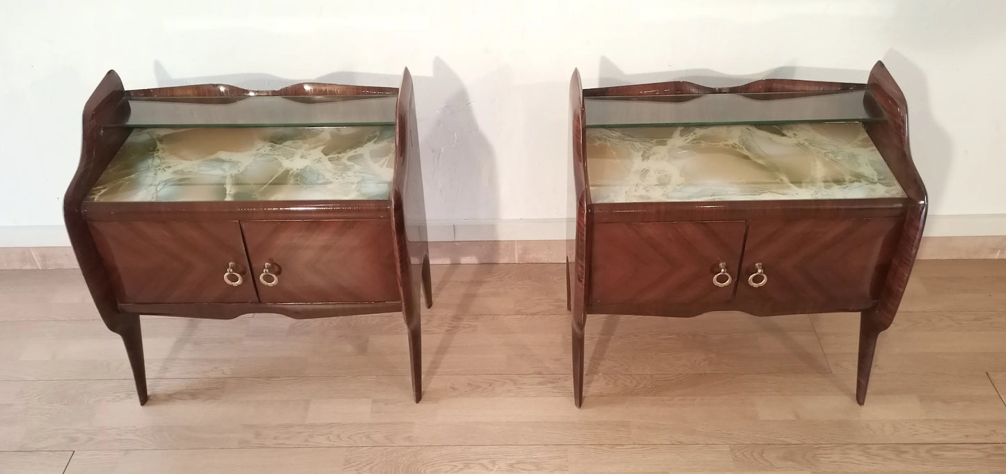 Pair di comodini in palissandro anni 50 con piano in marmo design mid-century modern italiano per la camera da letto