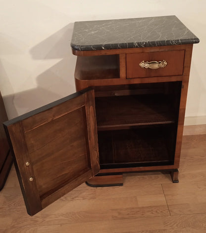Piccolo comodino art déco italiano in noce con piano in marmo, set di 2 per arredo elegante
