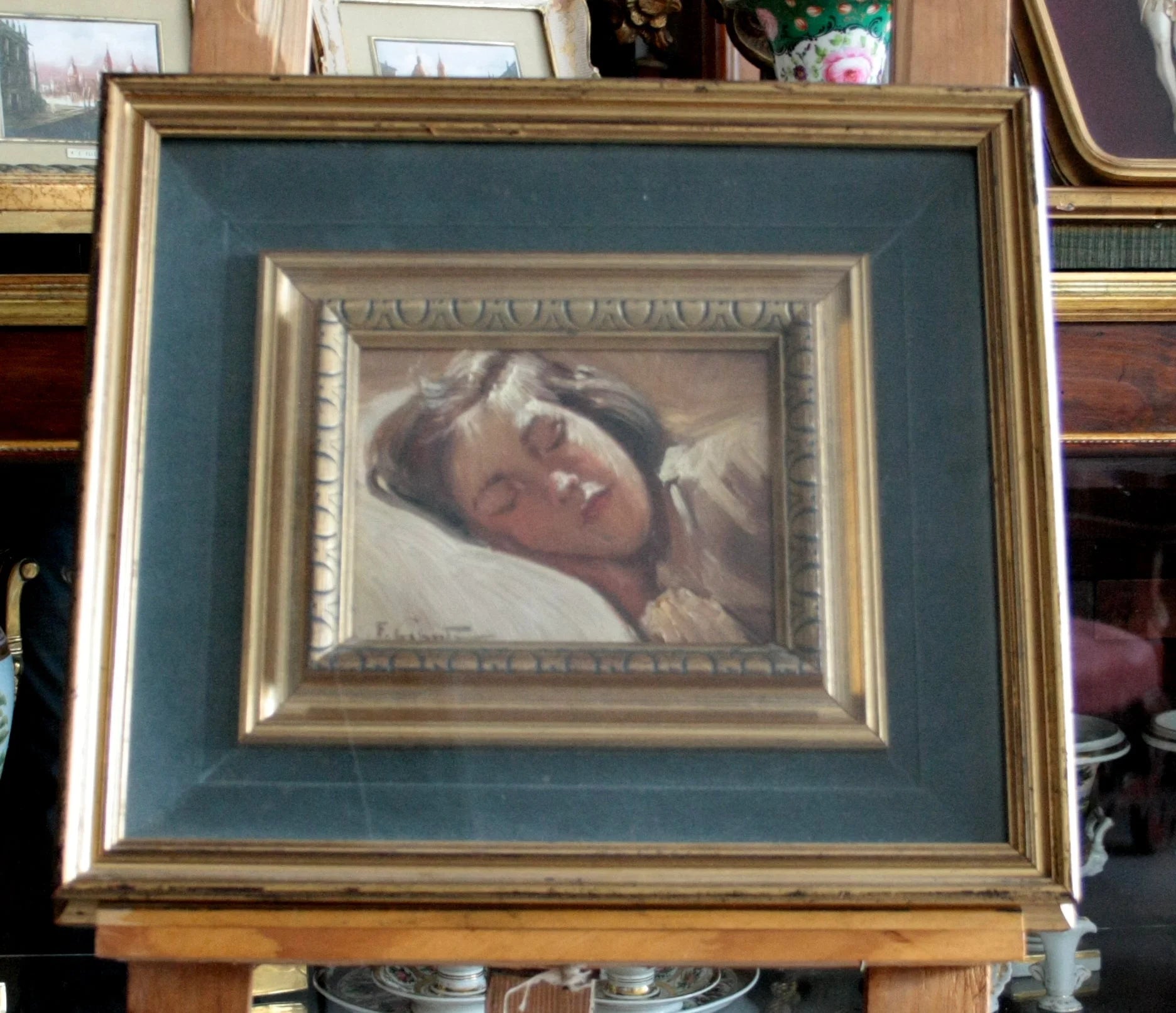 Framed painting bambina dormiente by francesco galante depicting a sleeping woman signed opera
