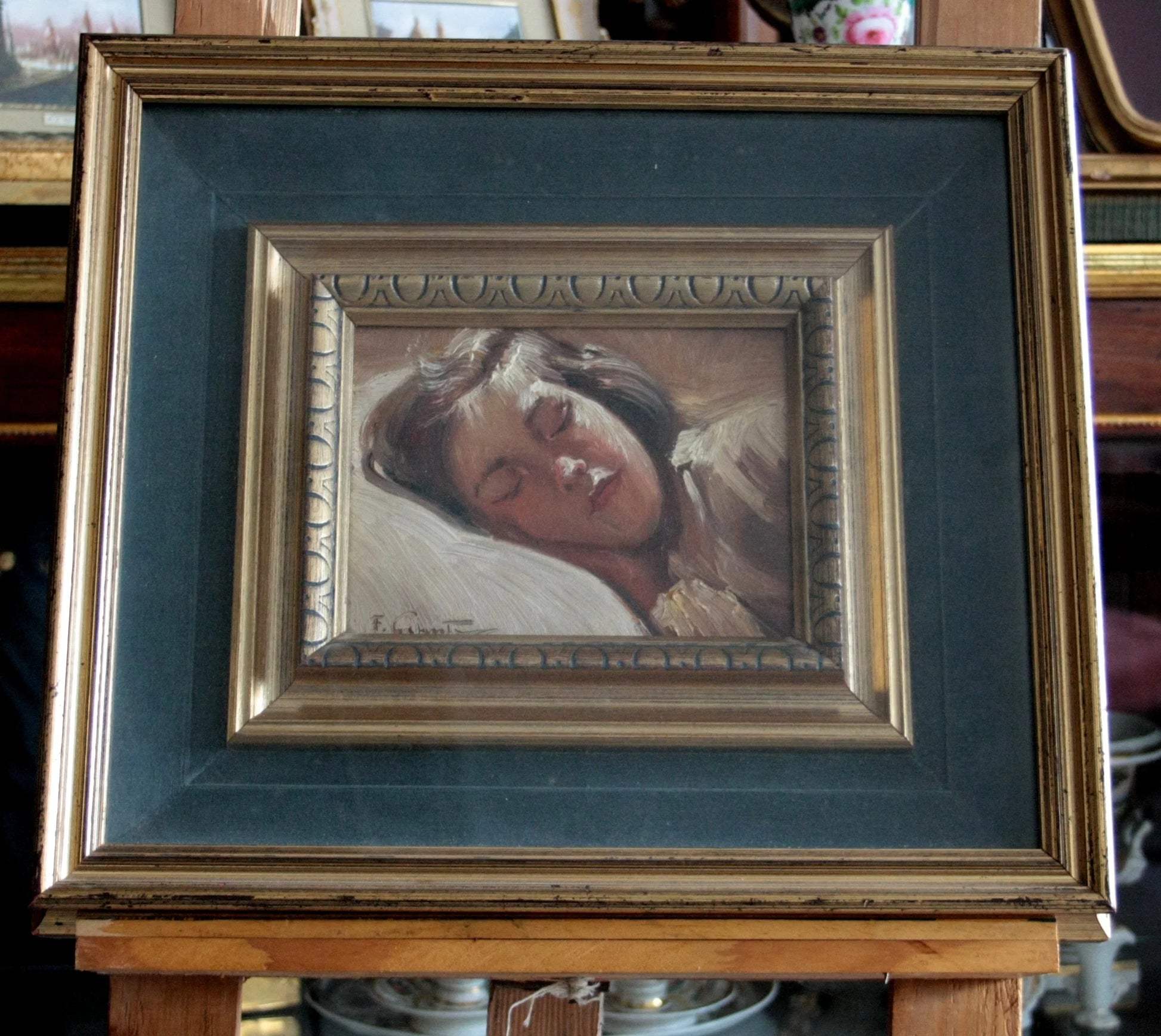 Framed painting bambina dormiente by Francesco Galante featuring a sleeping woman signed opera