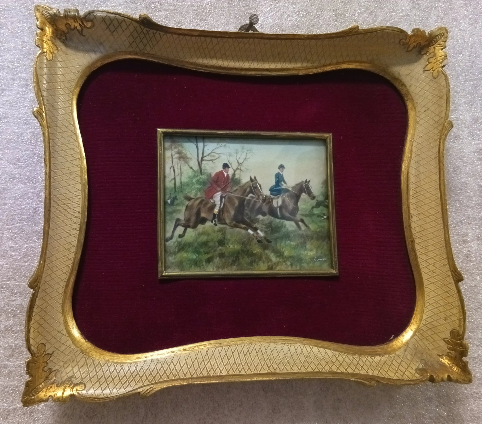 Miniatura olio su tela inglese del xix secolo con cornice originale e straordinaria miniatura firmata su sfondo velluto rosso