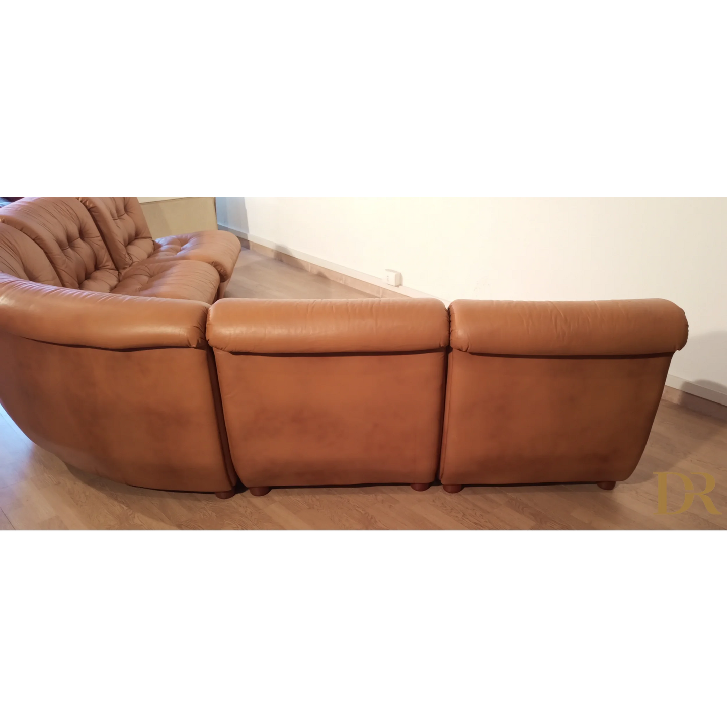 Divano modulare vintage in pelle cognac, sofa reclinabile marrone a tre posti