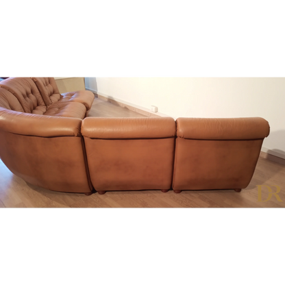 Divano modulare vintage in pelle cognac, sofa reclinabile marrone a tre posti