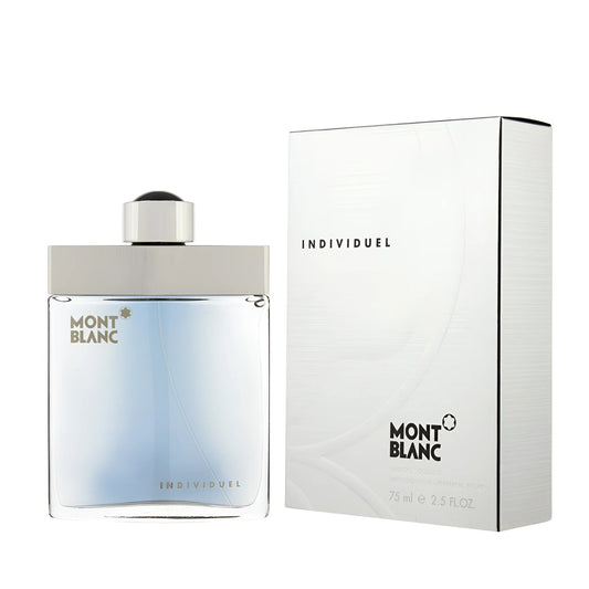Montblanc Individuel eau de toilette 75ml in una bottiglia di vetro trasparente con liquido blu sfumato e tappo argento