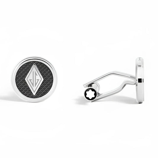 Coppia di gemelli in acciaio silver con emblemadiamante nera e logo inciso m montblanc great characters homage the great gatsby