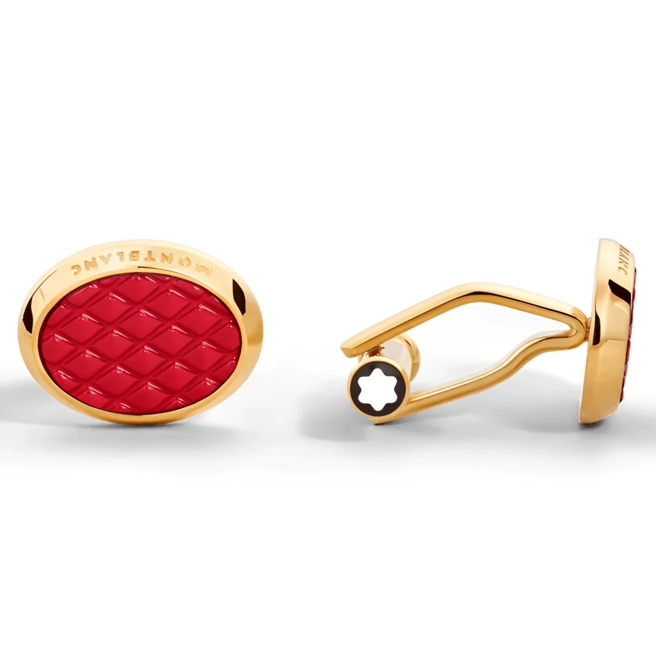 Montblanc gemelli ovali in acciaio con finitura pvd color oro giallo e centro smaltato rosso quilted