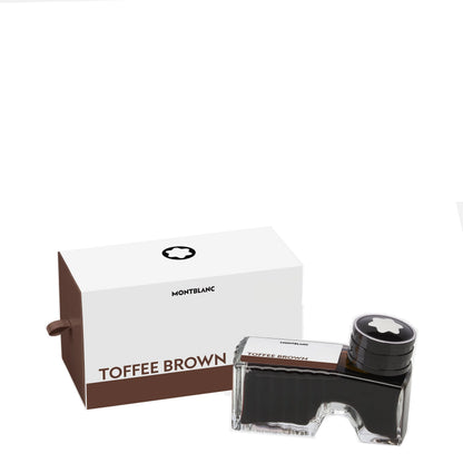 Montblanc boccetta d’inchiostro 60 ml toffee brown con corpo in vetro trasparente e tappo nero elegante