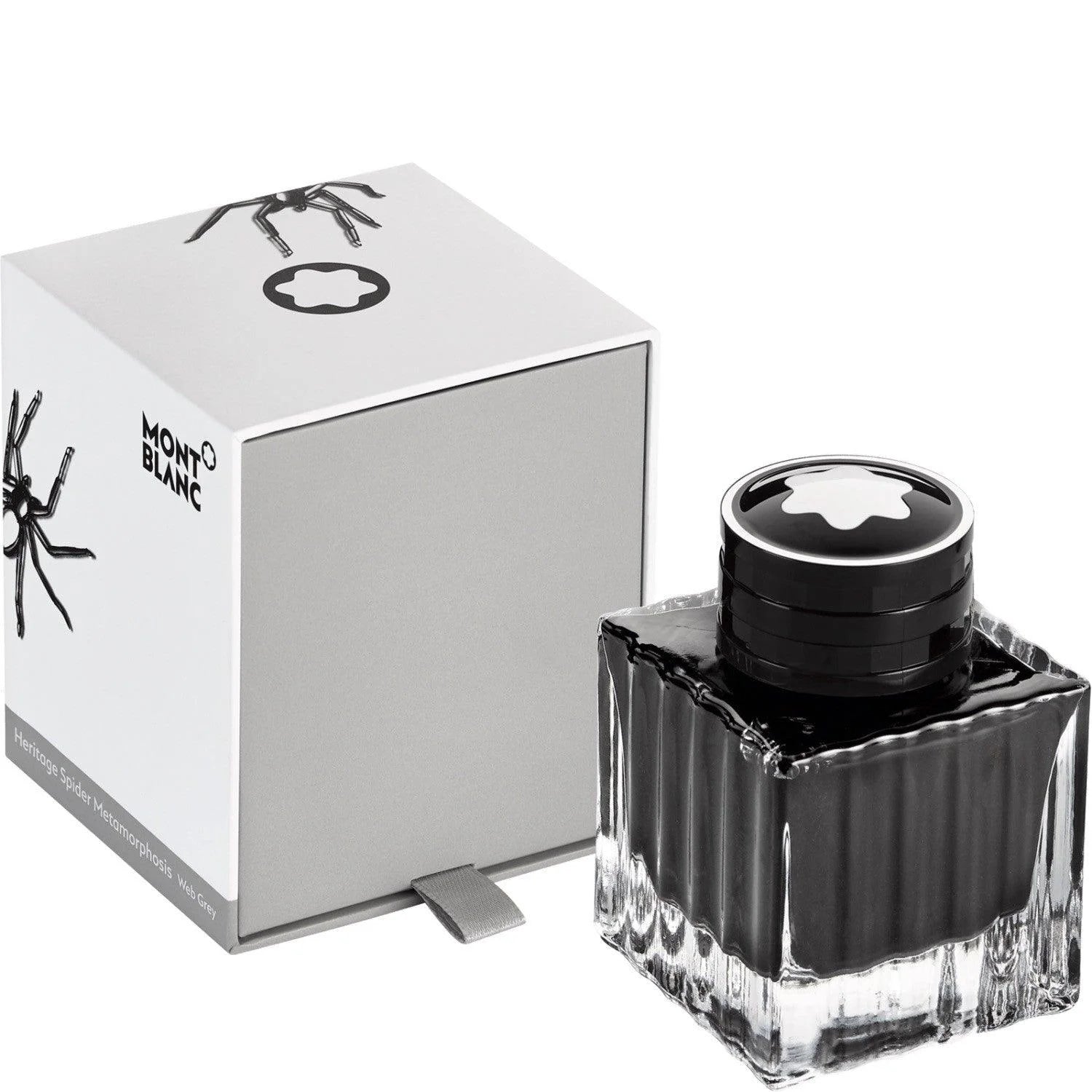 Boccetta d’inchiostro montblanc heritage spider grigio 50ml con corpo in vetro sfaccettato e tappo nero lucido