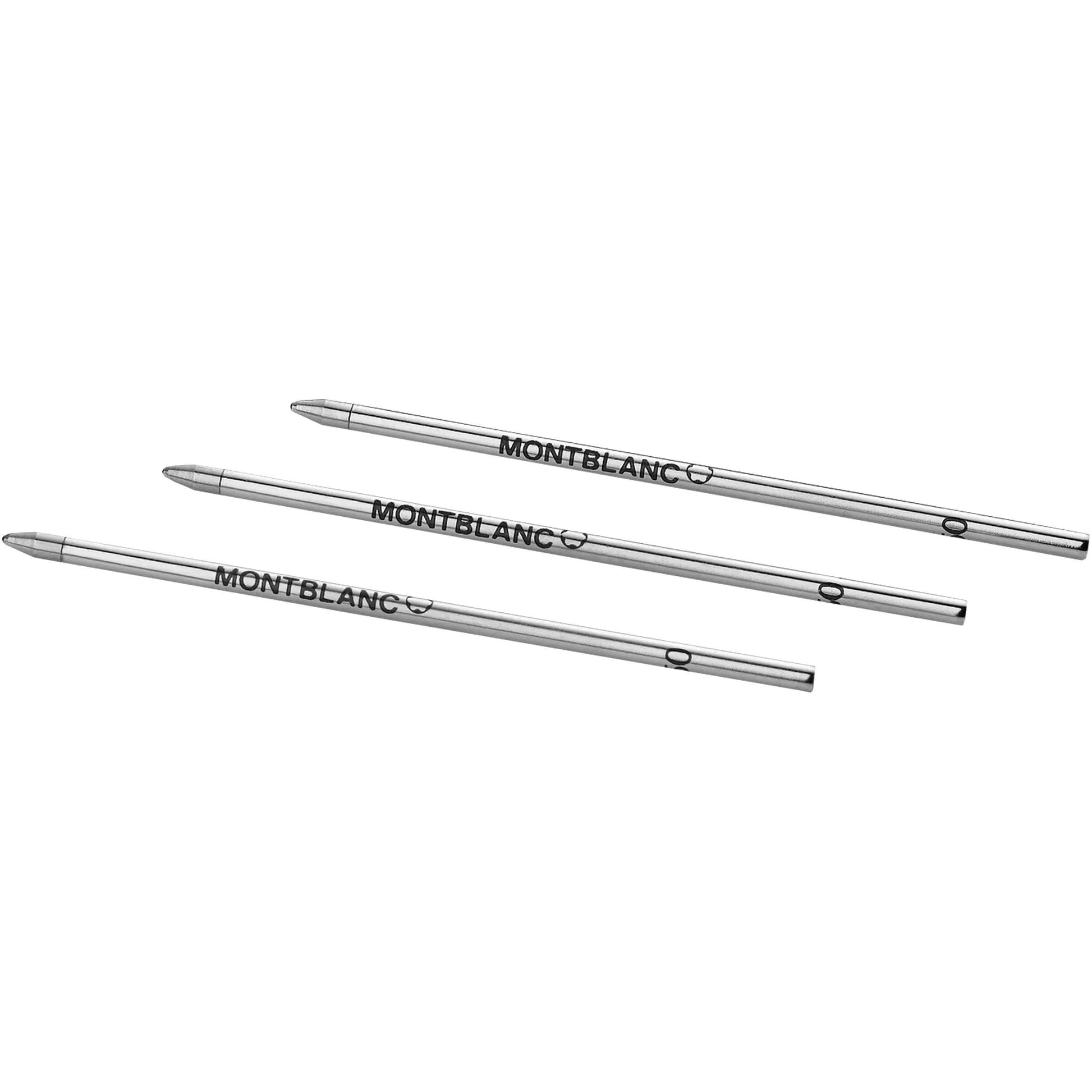 Tre refill piccoli montblanc in mystery black con finitura metallica lucida e incisione branding per penna sfera