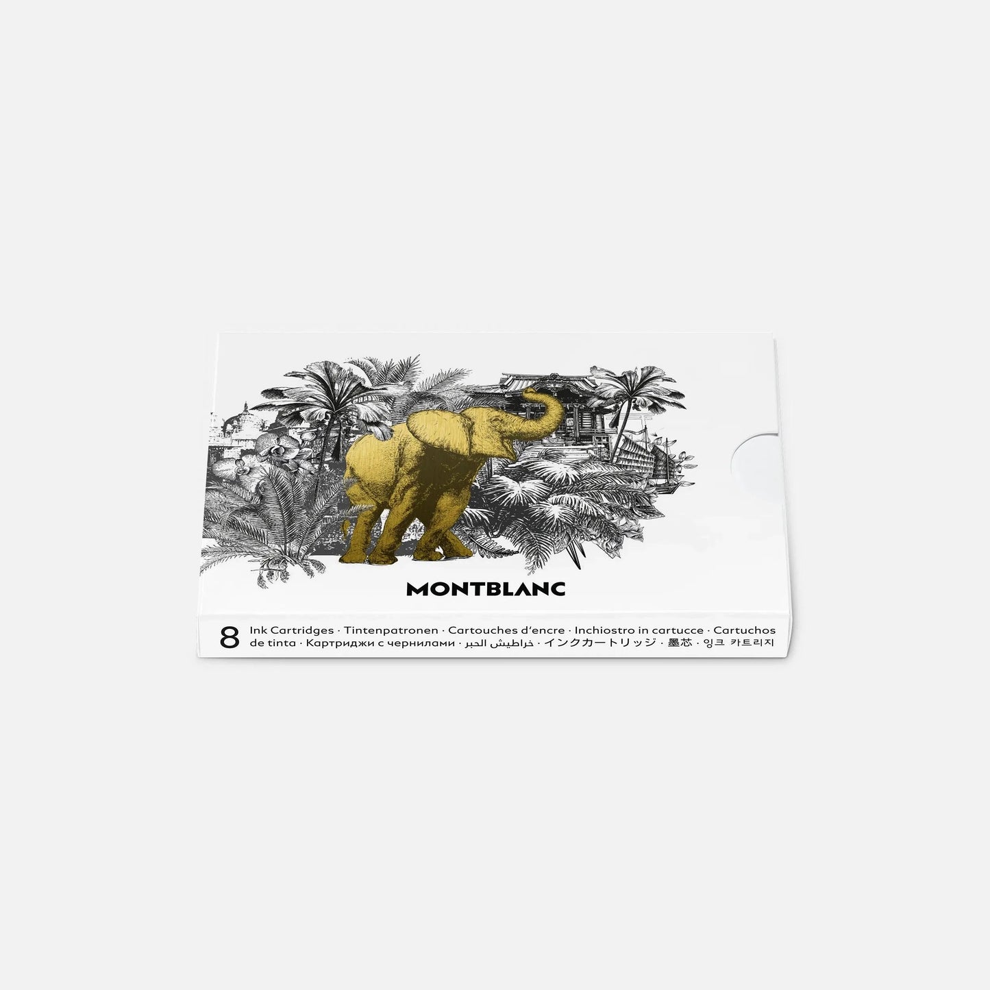 Confezione di cartucce inchiostro montblanc marrone con illustrazione elefante dorato nella scena tropicale intorno al mondo