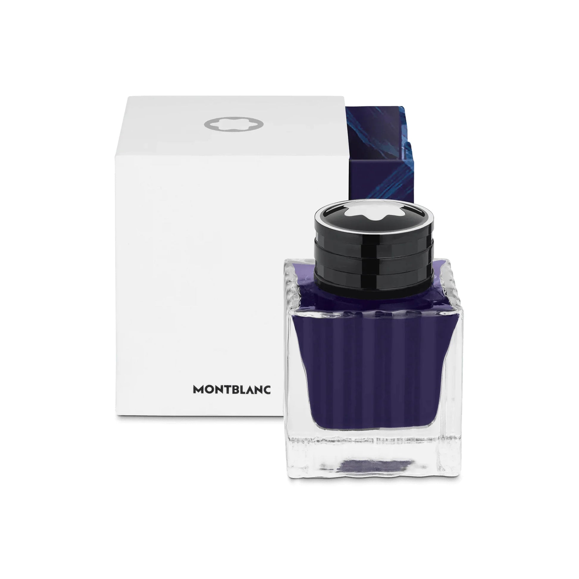A sleek transparent glass boccetta d’inchiostro with faceted square design and black montblanc cap holding purple ink from collezione meisterstück glacier