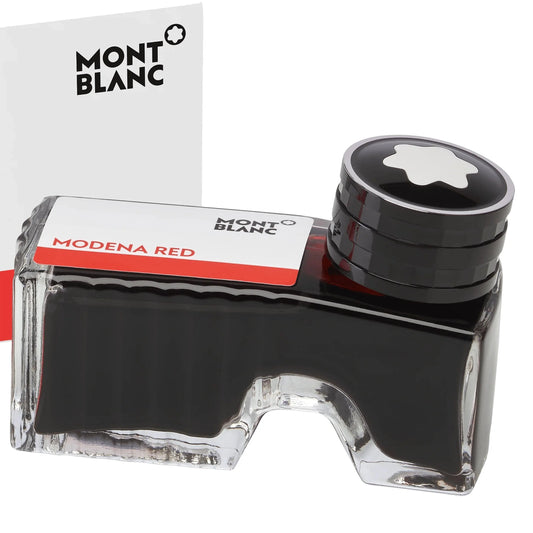 Boccetta dinchiostro montblanc 60ml rosso modena con corpo in vetro trasparente inchiostro nero e tappo lucido nero