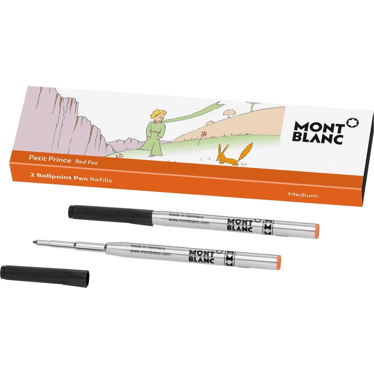 Montblanc refill per penna a sfera medium con corpo in metallo argento e barrella nera petit prince orange