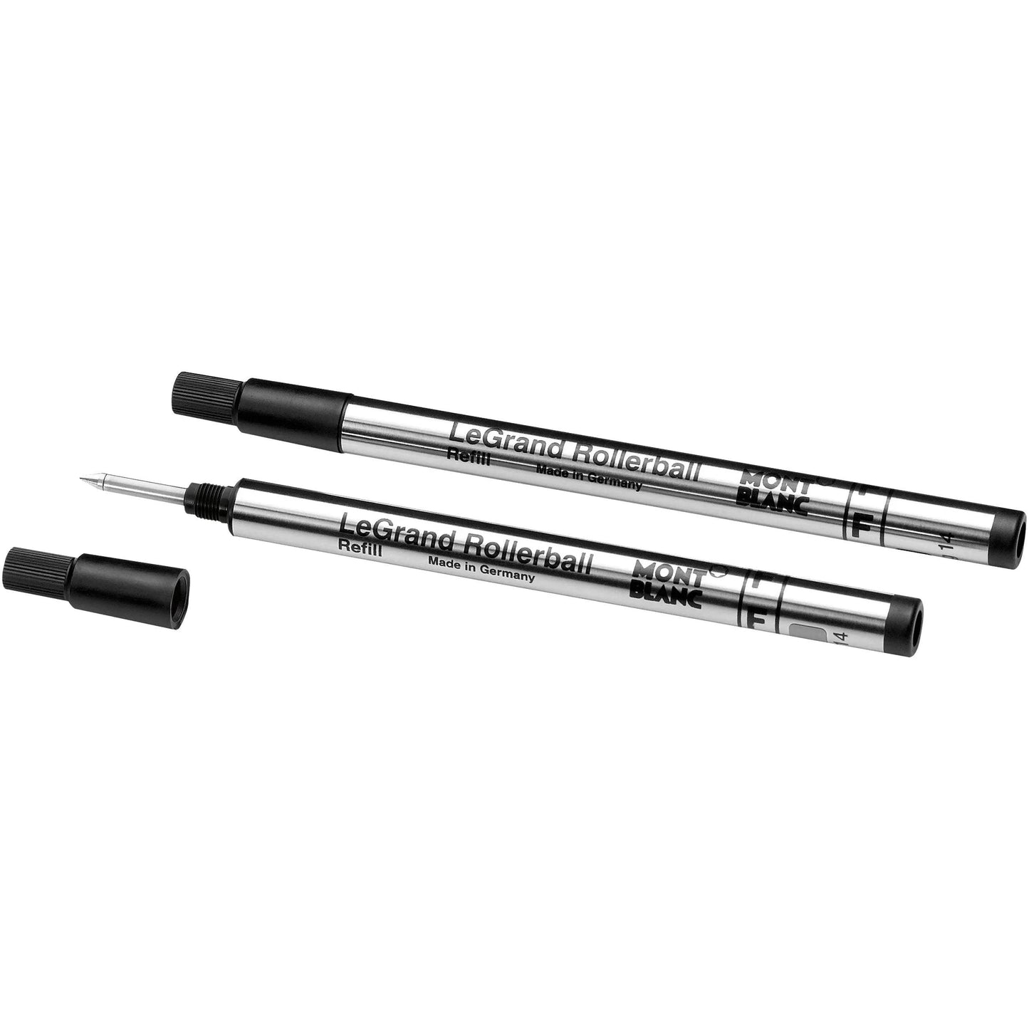 Refill rollerball montblanc legrand in mystery black nero con punta fine e cappuccio nero in metallo argentato