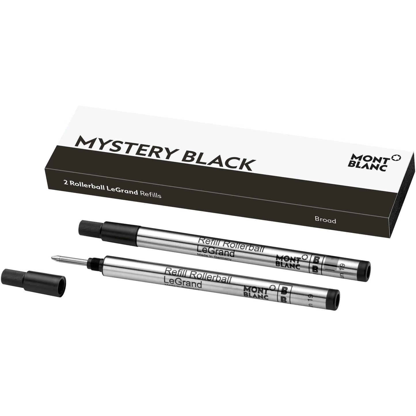 Silver-finished roller Montblanc Legrand rollerball refills with mystery black ink in sleek white and black packaging box