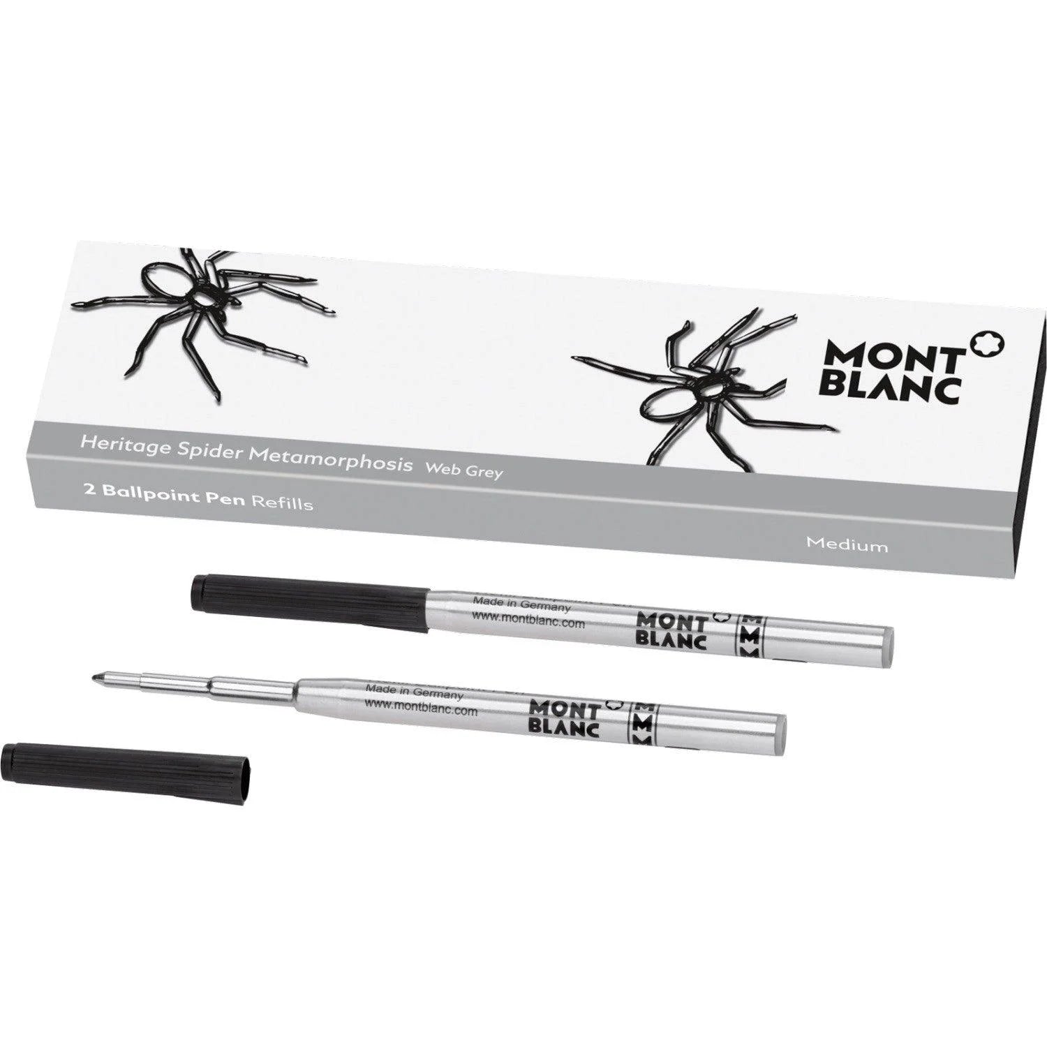 Montblanc refill per penna a sfera heritages spider grey con corpo argentato e cappuccio nero in confezione da 2