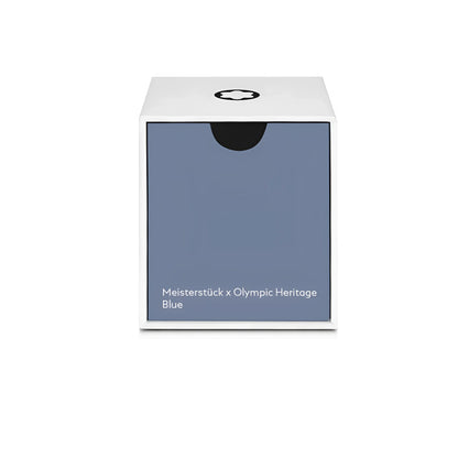 Scatola rettangolare bianca con pannello frontale blu opaco e logo nero per montblanc boccetta d’inchiostro olympic heritage blu