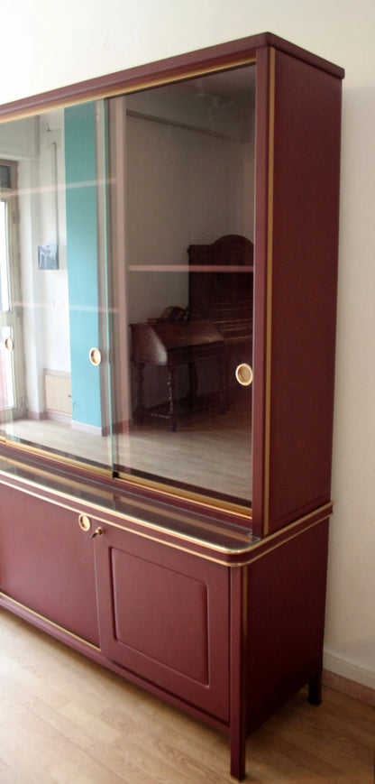 Credenza o libreria a due corpi in similpelle bordeaux di umberto mascagni design italiano d’epoca anni cinquanta