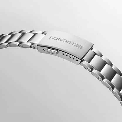 Bracciale in acciaio inox tono argento con design a maglie interbloccate e logo Longines per spirit zulu time