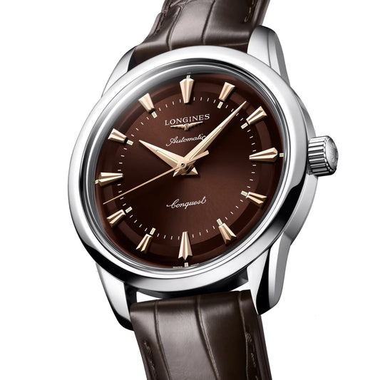 Longines orologio heritage 38mm automatico marrone acciaio con quadrante marrone e cinturino pelle alligatore protetto dall’ufficio federale svizzero
